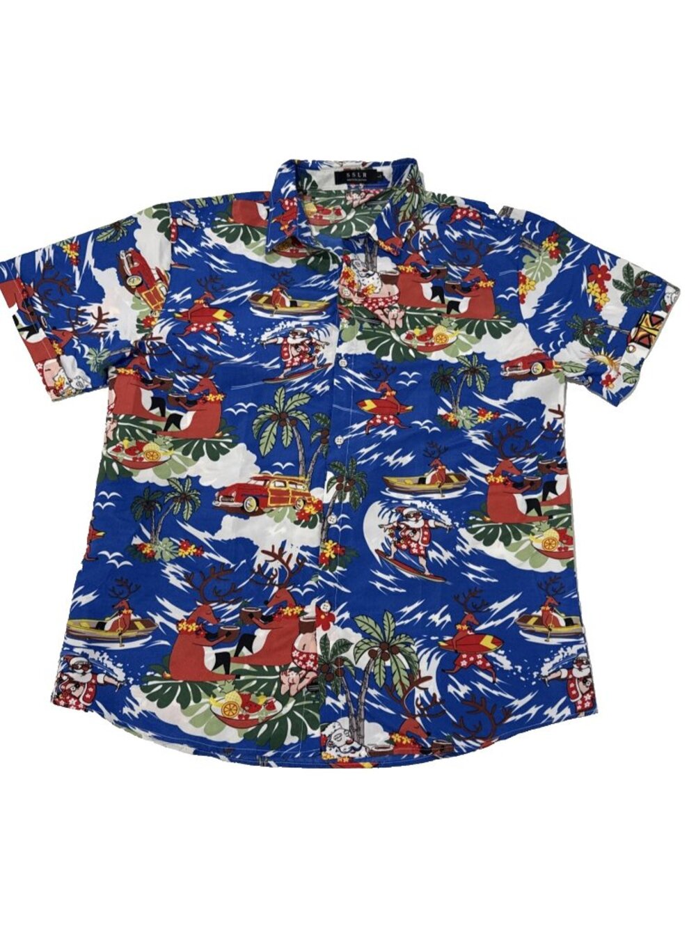 SSLR Surfing Santa Blue Christmas Button Short Sleeve Shirt Size L